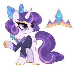 Size: 2808x2556 | Tagged: safe, artist:afterglory, oc, oc only, pony, unicorn, g4, adoptable, alternate versions at source, bangs, blue bow, bow, brooch, clothes, colored, colored hooves, colored pupils, curly mane, curly tail, eye clipping through hair, eyelashes, eyeshadow, female, flat colors, for sale, frown, gold eyeshadow, gold hooves, hair accessory, hair bow, high res, hooves, horn, jewelry, lavender coat, long tail, magical lesbian spawn, makeup, mane accessory, mare, multicolored mane, multicolored tail, next generation, not rarity, offspring, parent:rarity, parent:twilight sparkle, parents:rarilight, purple coat, purple eyes, purple mane, purple pupils, purple tail, raised hoof, shiny hooves, shirt, short mane, signature, simple background, solo, sparkly eyes, sparkly mane, sparkly tail, standing, standing on three hooves, tail, thick eyelashes, three quarter view, transparent background, turned head, unicorn oc, wingding eyes, yellow eyeshadow, yellow hooves