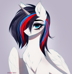 Size: 4039x4192 | Tagged: safe, artist:krissstudios, oc, oc:eclipse, alicorn, pony, absurd resolution, alternate hairstyle, bust, female, gray background, mare, portrait, simple background, solo