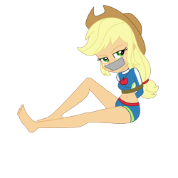 Size: 2000x2000 | Tagged: safe, artist:nie-martw-sie-o-mnie, applejack, human, equestria girls, equestria girls specials, g4, my little pony equestria girls: forgotten friendship, applejack's beach shorts swimsuit, applesub, arm behind back, barefoot, belly, belly button, bondage, bound and gagged, clothes, cowboy hat, feet, female, femsub, freckles, gag, hat, rope, rope bondage, simple background, sitting, solo, submissive, swimsuit, tape, tape gag, transparent background