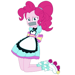 Size: 2000x2000 | Tagged: safe, artist:nie-martw-sie-o-mnie, pinkie pie, human, coinky-dink world, equestria girls, g4, my little pony equestria girls: summertime shorts, apron, arm behind back, clothes, female, femsub, gag, kneeling, looking at you, pinkiesub, roller skates, server pinkie pie, simple background, skates, skirt, solo, submissive, tape, tape gag, transparent background, uniform, waitress