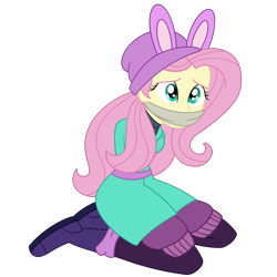 Size: 2000x2000 | Tagged: safe, artist:nie-martw-sie-o-mnie, fluttershy, human, equestria girls, equestria girls specials, g4, my little pony equestria girls: holidays unwrapped, arm behind back, cloth gag, clothes, fake ears, female, femsub, fluttersub, gag, kneeling, simple background, solo, submissive, transparent background, winter outfit