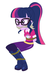 Size: 1582x2400 | Tagged: safe, artist:nie-martw-sie-o-mnie, sci-twi, twilight sparkle, human, equestria girls, festival filters, g4, my little pony equestria girls: better together, bondage, boots, bound and gagged, cleave gag, cloth gag, clothes, female, femsub, gag, glasses, music festival outfit, rope, rope bondage, shoes, simple background, sitting, skirt, solo, submissive, transparent background, twisub