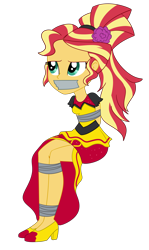 Size: 2000x3360 | Tagged: safe, artist:nie-martw-sie-o-mnie, sunset shimmer, human, equestria girls, equestria girls specials, g4, my little pony equestria girls: dance magic, bondage, bound and gagged, female, femsub, flamenco dress, gag, high heels, shoes, simple background, sitting, solo, submissive, subset, sunset shimmer flamenco dress, tape, tape bondage, tape gag, transparent background