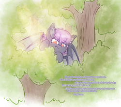 Size: 3276x2897 | Tagged: safe, artist:fluffyxai, oc, oc only, bat pony, pony, female, forest, freckles, hiding, leaves, mare, nature, outdoors, solo, tree, wings