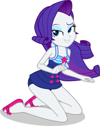 Size: 2184x2739 | Tagged: safe, alternate version, artist:dustinwatsongkx, rarity, human, equestria girls, g4, accessory swap, bare shoulders, clothes, clothes swap, female, kneeling, legs, one-piece swimsuit, sandals, sci-twi swimsuit, simple background, sleeveless, smiling, solo, swimsuit, swimsuit swap, transparent background