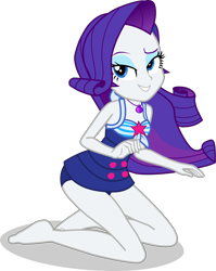 Size: 2184x2739 | Tagged: safe, alternate version, artist:dustinwatsongkx, rarity, human, equestria girls, g4, accessory swap, bare shoulders, barefoot, clothes, clothes swap, feet, female, geode of telekinesis, kneeling, legs, magical geodes, one-piece swimsuit, sci-twi swimsuit, simple background, sleeveless, smiling, solo, swimsuit, swimsuit swap, transparent background