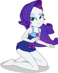 Size: 3203x4017 | Tagged: safe, alternate version, artist:dustinwatsongkx, rarity, human, equestria girls, g4, accessory swap, bare shoulders, barefoot, clothes, clothes swap, feet, female, kneeling, legs, one-piece swimsuit, sandals, sci-twi swimsuit, simple background, sleeveless, smiling, solo, swimsuit, swimsuit swap, transparent background