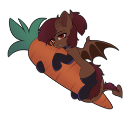 Size: 2000x1806 | Tagged: safe, artist:alunedoodle, oc, oc only, oc:whiskey dreams, pony, carrot, clothes, fangs, food, horns, simple background, socks, transparent background