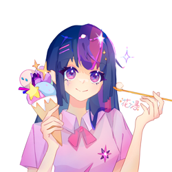 Size: 1440x1440 | Tagged: safe, artist:huaxun81146, twilight sparkle, human, g4, anime style, clothes, collared shirt, cute, holding, humanized, ice cream cone, looking at you, ribbon bow tie, shirt, short sleeves, simple background, smiling, smiling at you, solo, sparkles, spoon, t-shirt, twiabetes, upper body, white background