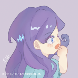 Size: 540x540 | Tagged: safe, artist:huaxun81146, rarity, human, g4, blush lines, blushing, bust, colored pupils, female, humanized, light skin, open mouth, open smile, profile, purple background, simple background, smiling, solo