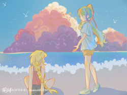 Size: 750x562 | Tagged: safe, artist:huaxun81146, applejack, rainbow dash, human, g4, alternate hairstyle, beach, braid, duo, duo female, female, humanized, light skin, no face, outdoors, solo