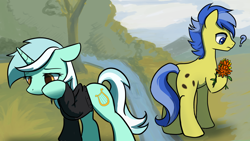 Size: 1920x1080 | Tagged: safe, artist:brella, lyra heartstrings, oc, oc:morning dew, earth pony, pony, unicorn, fanfic:background pony, g4, butt, clothes, dig the swell hoodie, duo, female, hoodie, horn, mare, outdoors, plot