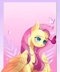 Size: 2455x2938 | Tagged: safe, artist:chunichichuni, fluttershy, butterfly, pegasus, pony, g4, female, gradient background, high res, looking at butterfly, mare, passepartout, signature, smiling, solo, wings