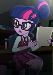 Size: 731x1033 | Tagged: safe, screencap, sci-twi, twilight sparkle, human, equestria girls, g4, my little pony equestria girls: friendship games, chair, clothes, cropped, crystal prep, crystal prep academy uniform, indoors, necktie, paper, sat, school tie, school uniform, schoolgirl, solo, test tube, uniform