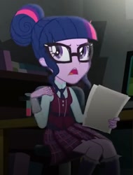 Size: 805x1062 | Tagged: safe, screencap, sci-twi, twilight sparkle, human, equestria girls, g4, my little pony equestria girls: friendship games, annoyed, chair, clothes, cropped, crystal prep, crystal prep academy uniform, female, glasses, hair bun, indoors, necktie, paper, pleated skirt, sat, school tie, school uniform, schoolgirl, skirt, solo, test tube, uniform