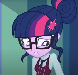 Size: 1258x1217 | Tagged: safe, screencap, sci-twi, twilight sparkle, human, equestria girls, g4, my little pony equestria girls: friendship games, clothes, cropped, crystal prep, crystal prep academy uniform, female, glasses, hair bun, hallway, indoors, necktie, nervous, school tie, school uniform, schoolgirl, singing, solo, uniform