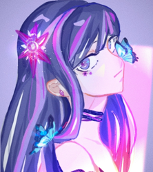 Size: 1056x1188 | Tagged: safe, artist:huaxun81146, twilight sparkle, butterfly, human, g4, abstract background, bust, female, humanized, portrait, solo