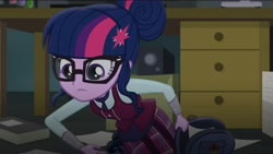 Size: 2160x1217 | Tagged: safe, screencap, sci-twi, twilight sparkle, human, equestria girls, g4, my little pony equestria girls: friendship games, backpack, clothes, crystal prep academy, crystal prep academy uniform, desk, female, glasses, hair bun, indoors, necktie, paper, pleated skirt, school tie, school uniform, schoolgirl, skirt, solo, uniform