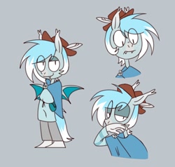 Size: 1280x1217 | Tagged: safe, artist:chevapchichi_, oc, oc:frostmoon, bat pony, anthro, bat pony oc, blue mane, cape, clothes, concept art, ear fluff, gray coat, hat, pouch, solo