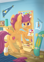 Size: 2480x3508 | Tagged: safe, artist:playful wings, apple bloom, mane allgood, rainbow dash, scootaloo, snap shutter, sweetie belle, earth pony, pegasus, pony, unicorn, g4, backpack, bandage, bandaged leg, bandaid, bandaid on nose, bedroom, brush, butt, clothes, cute, cutealoo, cutie mark crusaders, feather, female, filly, flag, foal, hairbrush, high res, indoors, magnet, mirror, one eye closed, picture, plot, raised hoof, raised leg, reflection, scootabutt, scootaloo riding rainbow dash, scooter, skateboard, socks, solo, sparkly eyes, spread wings, standing on two hooves, sticky note, tail, the cmc's cutie marks, tongue out, underhoof, wingding eyes, wings, wink, wrench