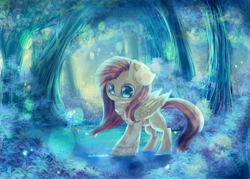 Size: 3500x2500 | Tagged: safe, artist:aquagalaxy, fluttershy, pegasus, pony, g4, clothes, female, folded wings, forest, glowing, high res, mare, nature, outdoors, scenery, solo, sweater, sweatershy, tail, tree, wings