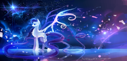 Size: 4000x1941 | Tagged: safe, artist:aquagalaxy, oc, oc only, pegasus, pony, cloud, concave belly, dark background, female, impossibly long mane, impossibly long tail, large wings, long mane, long tail, mare, night, night sky, pegasus oc, reflection, sky, solo, spread wings, stars, tail, wings