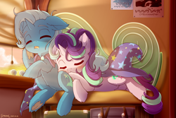 Size: 1800x1200 | Tagged: safe, artist:symbianl, starlight glimmer, trixie, pony, unicorn, g4, blushing, brooch, cape, clothes, colored underhoof, cuddling, cute, diatrixes, drool, duo, duo female, ear fluff, eyes closed, female, fluffy, frog (hoof), glimmerbetes, hat, heart, hoof heart, horn, jewelry, lesbian, mare, open mouth, ship:startrix, shipping, sleeping, sweet dreams fuel, train, trixie's brooch, trixie's cape, trixie's hat, underhoof