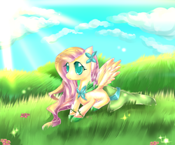 Size: 3000x2500 | Tagged: safe, artist:aquagalaxy, fluttershy, pegasus, pony, g4, clothes, cloud, dress, female, field, gala dress, grass, high res, mare, outdoors, plants, sky, solo, spread wings, sunshine, wings