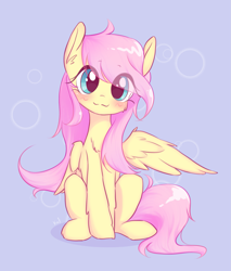 Size: 1923x2252 | Tagged: safe, artist:kaf_pone, fluttershy, pegasus, pony, g4, :3, blushing, cute, daaaaaaaaaaaw, eye clipping through hair, female, head tilt, looking at you, mare, one wing out, shyabetes, simple background, sitting, smiling, smiling at you, solo, wings