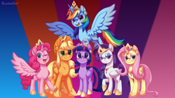 Size: 1920x1080 | Tagged: safe, alternate version, artist:moonseeker, applejack, fluttershy, pinkie pie, rainbow dash, rarity, twilight sparkle, alicorn, pony, g4, alicorn six, alicornified, applecorn, applejack's hat, bedroom eyes, blushing, cowboy hat, crown, everyone is an alicorn, eyeshadow, female, fluttercorn, flying, folded wings, freckles, group, hat, hoof shoes, horn, jewelry, looking at you, makeup, mane six, mane six alicorns, mare, one eye closed, open mouth, open smile, pinkiecorn, princess shoes, race swap, rainbowcorn, raised hoof, raricorn, regalia, sextet, smiling, smiling at you, spread wings, twilight sparkle (alicorn), wings, wink, winking at you, xk-class end-of-the-world scenario