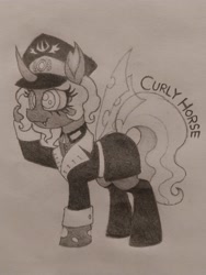 Size: 3060x4080 | Tagged: safe, artist:curly horse, oc, oc only, oc:kitu elder, changeling, changeling queen, equestria at war mod, black and white, boots, cap, changeling oc, clothes, female, gift art, grayscale, hat, high res, military uniform, monochrome, pencil drawing, raised hoof, shoes, simple background, solo, traditional art, uniform, white mane