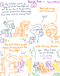 Size: 4779x6013 | Tagged: safe, artist:adorkabletwilightandfriends, apple bloom, rumble, scootaloo, sweetie belle, pegasus, pony, unicorn, comic:adorkable twilight and friends, g4, adorkable friends, asking, bow, chest fluff, colt, comic, cute, cutie mark crusaders, female, filly, flower, foal, grass, hair bow, horn, innocent, male, outdoors, slice of life, walking