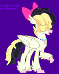 Size: 827x1027 | Tagged: safe, artist:princess-kitsune-tsu, songbird serenade, classical hippogriff, hippogriff, g4, base used, bow, classical hippogriffied, female, folded wings, hair bow, hair over eyes, hippogriffied, jewelry, necklace, open mouth, open smile, purple background, simple background, smiling, solo, species swap, wings