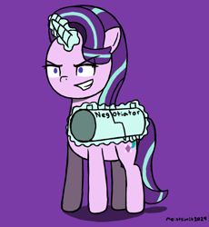 Size: 850x923 | Tagged: safe, artist:moistlimit, starlight glimmer, pony, unicorn, g4, gun, horn, levitation, magic, purple background, simple background, telekinesis, weapon