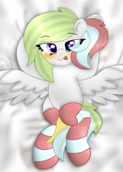 Size: 780x1083 | Tagged: safe, artist:jadebreeze115, oc, oc only, oc:gamer beauty, pegasus, pony, :3, blushing, body pillow, body pillow design, clothes, commission, looking at you, pegasus oc, socks, solo, spread wings, striped socks, tongue out, wings, ych result