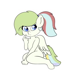 Size: 1140x1152 | Tagged: safe, artist:djwolf, oc, oc only, oc:gamer beauty, pegasus, anthro, unguligrade anthro, folded wings, pegasus oc, ponytail, simple background, sitting, solo, tail, white background, wings