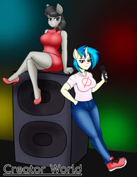 Size: 995x1280 | Tagged: safe, artist:creatorworld, dj pon-3, octavia melody, vinyl scratch, earth pony, unicorn, anthro, plantigrade anthro, g4, amplifier, big breasts, boyfriend (friday night funkin), breasts, busty octavia melody, busty vinyl scratch, clothes, cosplay, costume, crossed legs, dress, duo, duo female, female, friday night funkin', girlfriend (friday night funkin), hand in pocket, high heels, horn, leaning, lesbian, looking at you, microphone, nail polish, pants, ship:scratchtavia, shipping, shirt, shoes, sitting, smiling, smirk, sneakers, speaker