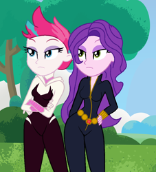 Size: 880x970 | Tagged: safe, artist:robertsonskywa1, pipp petals, zipp storm, human, equestria girls, g4, g5, alternate hairstyle, black widow (marvel), bodysuit, clothes, duo, duo female, equestria girls-ified, female, g5 to equestria girls, g5 to g4, generation leap, long hair, marvel, outdoors, photo, pipp petals is not amused, royal sisters (g5), siblings, sisters, skinny pipp, skintight clothes, spider-gwen, spider-man, unamused, zipp storm is not amused