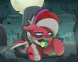 Size: 3287x2636 | Tagged: safe, artist:joaothejohn, oc, oc:flamebrush, pegasus, pony, undead, zombie, bats!, g4, bone, fog, grave, gravestone, graveyard, halloween, holiday, lidded eyes, looking at something, moon, multicolored hair, outdoors, pegasus oc, spooky, tongue out, tree, wings