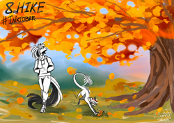 Size: 1600x1130 | Tagged: safe, artist:sunny way, oc, oc:alirfesta felastis, oc:sunny way, ki'rinaes, original species, anthro, anthro horse, autumn, backpack, duo, equine, female, furry, hike, inktober, inktober 2024, leaves, mare, outdoors, sketch