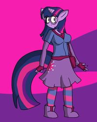 Size: 1200x1500 | Tagged: safe, artist:chibitaylor, twilight sparkle, unicorn, anthro, g4, boots, breasts, clothes, female, freckles, glasses, horn, shirt, shoes, skirt, solo, striped stockings, tail, unicorn twilight