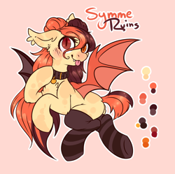 Size: 1280x1277 | Tagged: safe, artist:ruef, oc, oc only, oc:symme ruins, bat pony, adoptable, clothes, collar, female, female oc, red background, simple background, socks, solo, striped socks, thigh highs, thigh socks