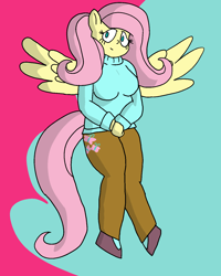 Size: 1200x1500 | Tagged: safe, artist:chibitaylor, fluttershy, pegasus, anthro, plantigrade anthro, g4, breasts, clothes, cutie mark on clothes, female, pants, shoes, solo, spread wings, sweater, tail, turtleneck, wings