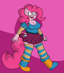 Size: 1300x1500 | Tagged: safe, artist:chibitaylor, pinkie pie, earth pony, anthro, g4, boots, bracelet, breasts, cleavage, clothes, cutie mark on clothes, female, jewelry, open mouth, open smile, shirt, shoes, skirt, smiling, socks, solo, striped socks, tail