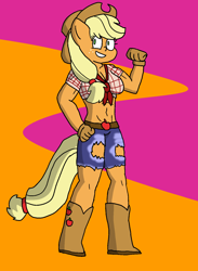 Size: 1100x1500 | Tagged: safe, artist:chibitaylor, applejack, earth pony, anthro, g4, applejack's hat, belly, belly button, boots, breasts, cleavage, clothes, cowboy hat, cutie mark on clothes, female, flexing, freckles, hat, midriff, ripped shorts, shoes, short shirt, shorts, solo, tail, torn clothes