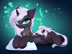 Size: 4248x3163 | Tagged: safe, artist:empress-twilight, oc, oc only, oc:penumbra shard, pony, unicorn, amulet, belly, blushing, chaos star, cheek fluff, chest fluff, commission, commissioner:sfaccountant, ear fluff, eye clipping through hair, eyebrows, eyebrows visible through hair, fangs, female, glasses, gradient background, horn, jewelry, looking at you, lying down, mare, necklace, pillow, smiling, smiling at you, solo, sparkles, tail, unicorn oc, ych result