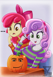 Size: 2000x2883 | Tagged: safe, artist:theretroart88, apple bloom, sweetie belle, human, equestria girls, g4, ..., bow, breasts, busty sweetie belle, clothes, duo, duo female, female, hair bow, hairband, halloween, high res, holiday, meme, older, older apple bloom, older sweetie belle, open mouth, open smile, pencil, pumpkin, smiling, sparkles, striped clothes, striped sweater, sweater, watermark