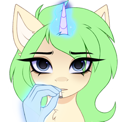 Size: 3000x3000 | Tagged: safe, artist:pesty_skillengton, oc, oc only, pony, unicorn, bust, female, hand, horn, magic, mare, portrait, sad, simple background, smoking, solo, transparent background