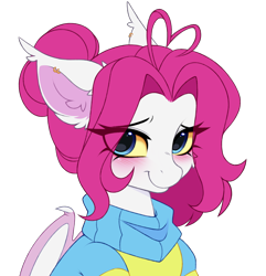 Size: 2888x3000 | Tagged: safe, artist:pesty_skillengton, oc, oc only, oc:lerk, bat pony, pony, ahoge, bust, clothes, colored sclera, cute, female, heart ahoge, mare, portrait, simple background, solo, sweater, transparent background, yellow sclera