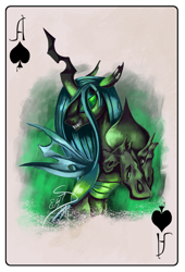 Size: 680x1002 | Tagged: safe, artist:emtscratch, queen chrysalis, changeling, changeling queen, g4, ace of spades, fangs, female, playing card, solo, spades